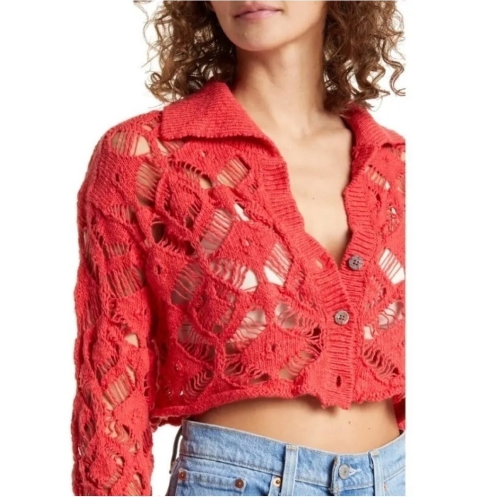 Free People Sedona Cardigan Sweater Top Guava Berry size small lace boho retro